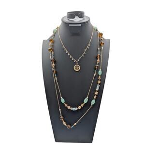 Lot of Two Vintage Boho Glass Beaded Gold Tone Necklaces